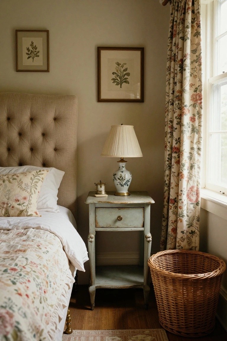 Corner of a bedroom with beige tufted fabric headboard on a bed covered in white sheets and floral quilt, beside a painted wood nightstand holding a lamp and vase, floral curtains on window, and wicker basket on wood floor.