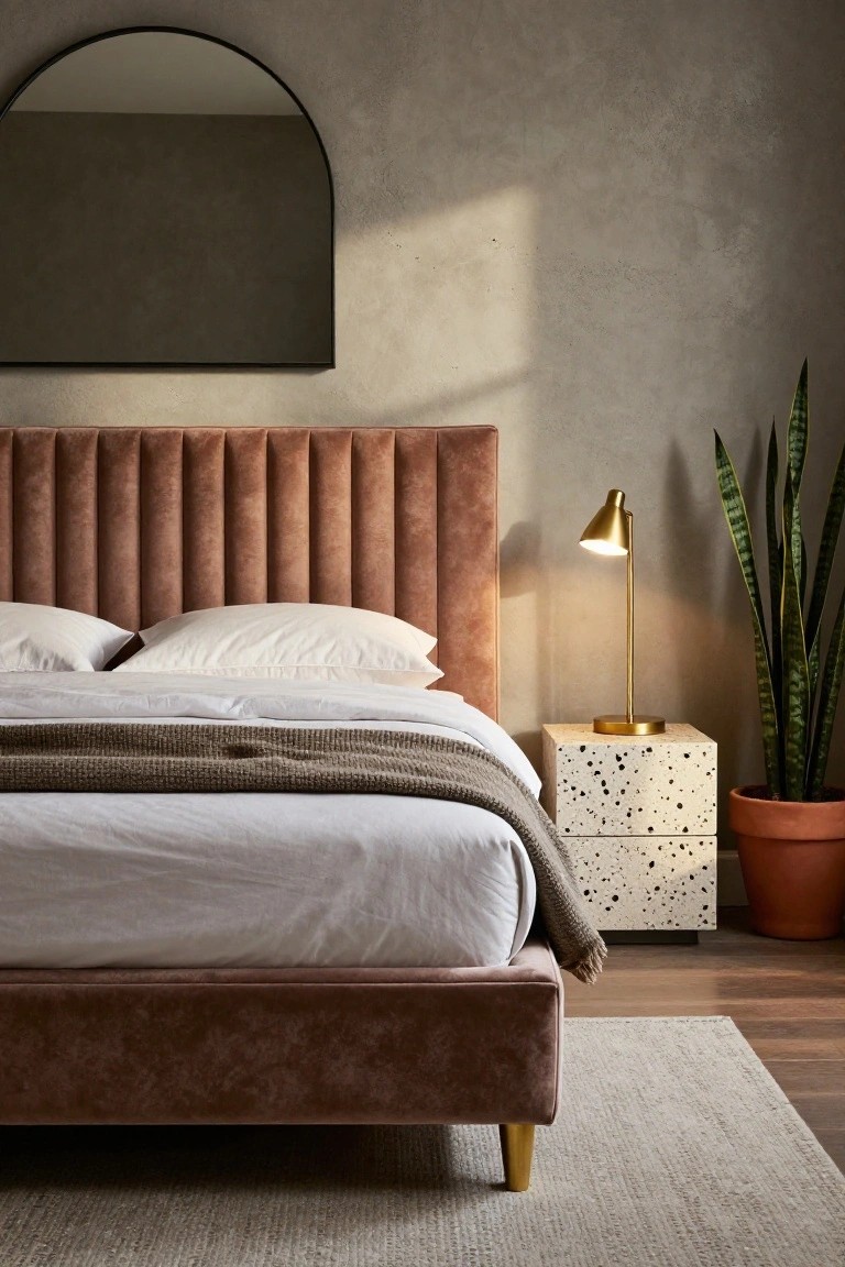 A bedroom with a tufted mauve velvet bed frame featuring vertical channels, white bedding with a gray throw, speckled white cube nightstand with gold task lamp and potted snake plant, large arched black mirror on textured beige wall.