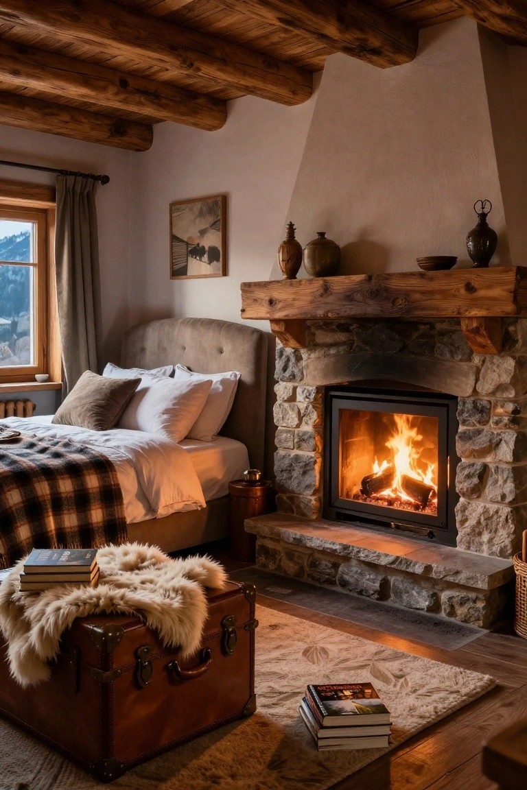 Cozy chalet bedroom with beige tufted fabric bed frame beside stone fireplace with burning fire, wooden beam ceiling, draped window showing mountains, plaid bedding, leather trunk with fur throw, and stacked books on floor.