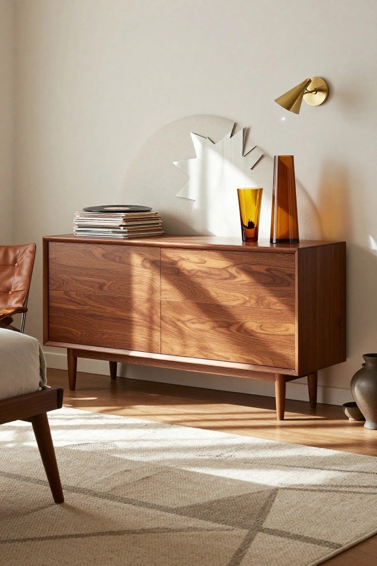 Sunlit bedroom corner showing a low walnut credenza topped with stacked vinyl records, magazines, and amber glass vases next to a tan leather armchair, a bed with light fabric headboard and wooden legs, brass wall lamp, star-shaped wall art, and woven rug on wood floor.