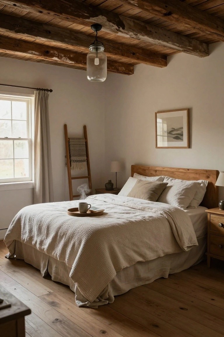Cozy bedroom interior featuring exposed wooden ceiling beams, a wooden bed frame with white textured bedding and pillows, a wooden tray with a cup of tea on the bed, a ladder with towels nearby, and a mason jar pendant light hanging above.