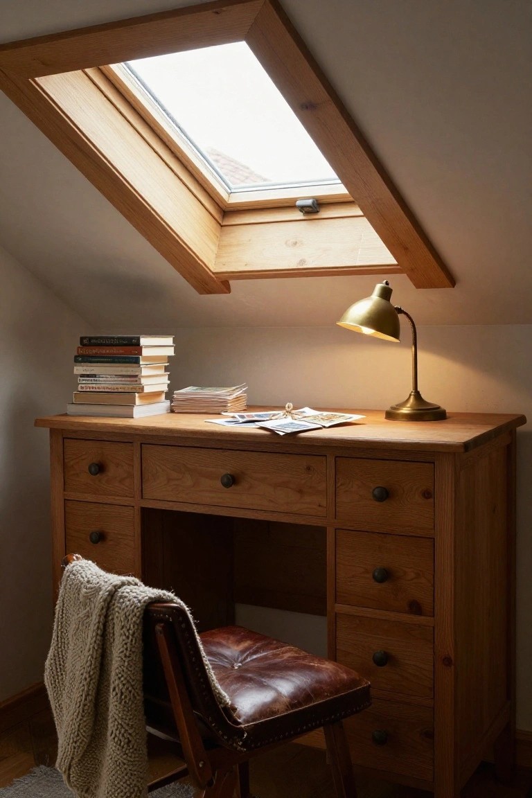 Wooden desk with stacked books, papers, brass lamp, and leather chair with knit blanket in attic room under slanted skylight.