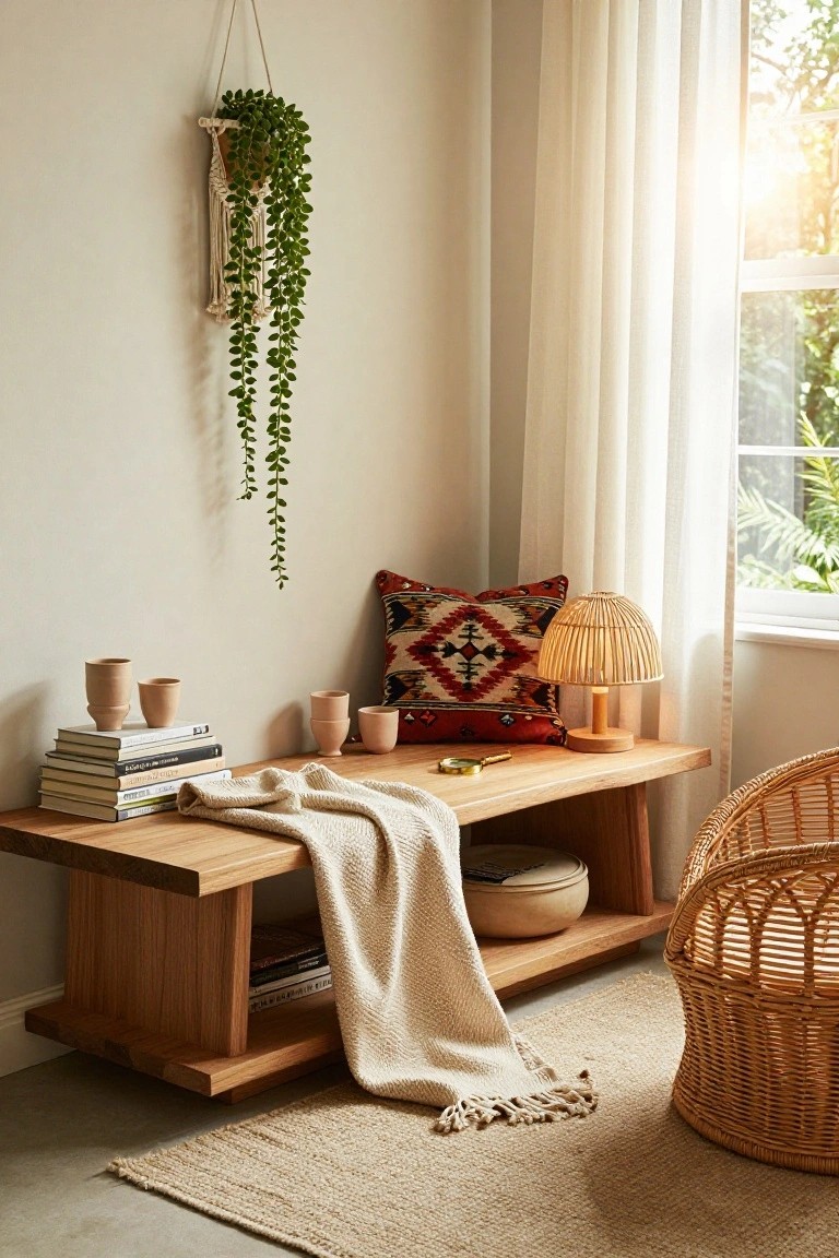 Cozy room corner with low wooden bench holding books and blanket, ceramic cups, woven chair, hanging plant, patterned pillow, lamp, sheer curtains over window showing greenery outside.