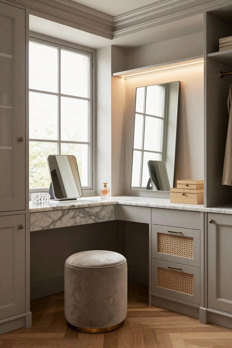 Gray cabinetry corner vanity desk with marble top built into a bay window, featuring small mirrors, perfume bottle, wooden boxes, rattan-fronted drawers, and cream upholstered stool on wood floor.