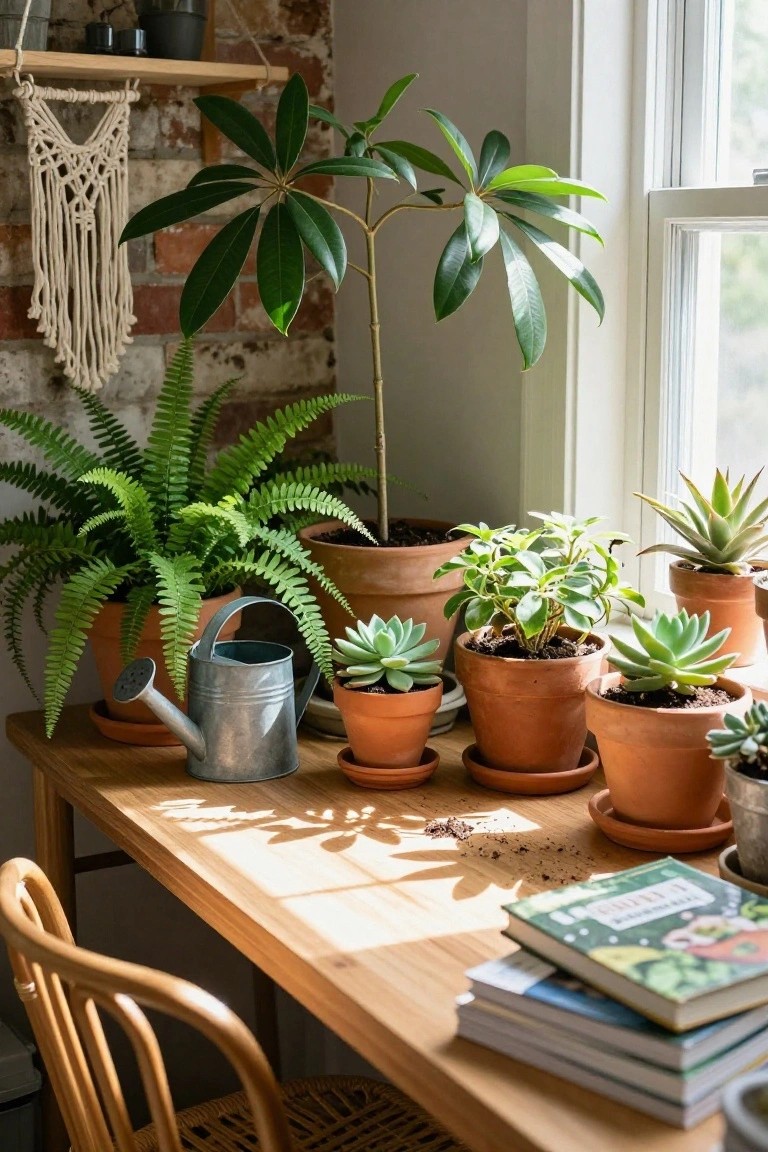 Potted plants, watering can, and books on sunlit wooden table.