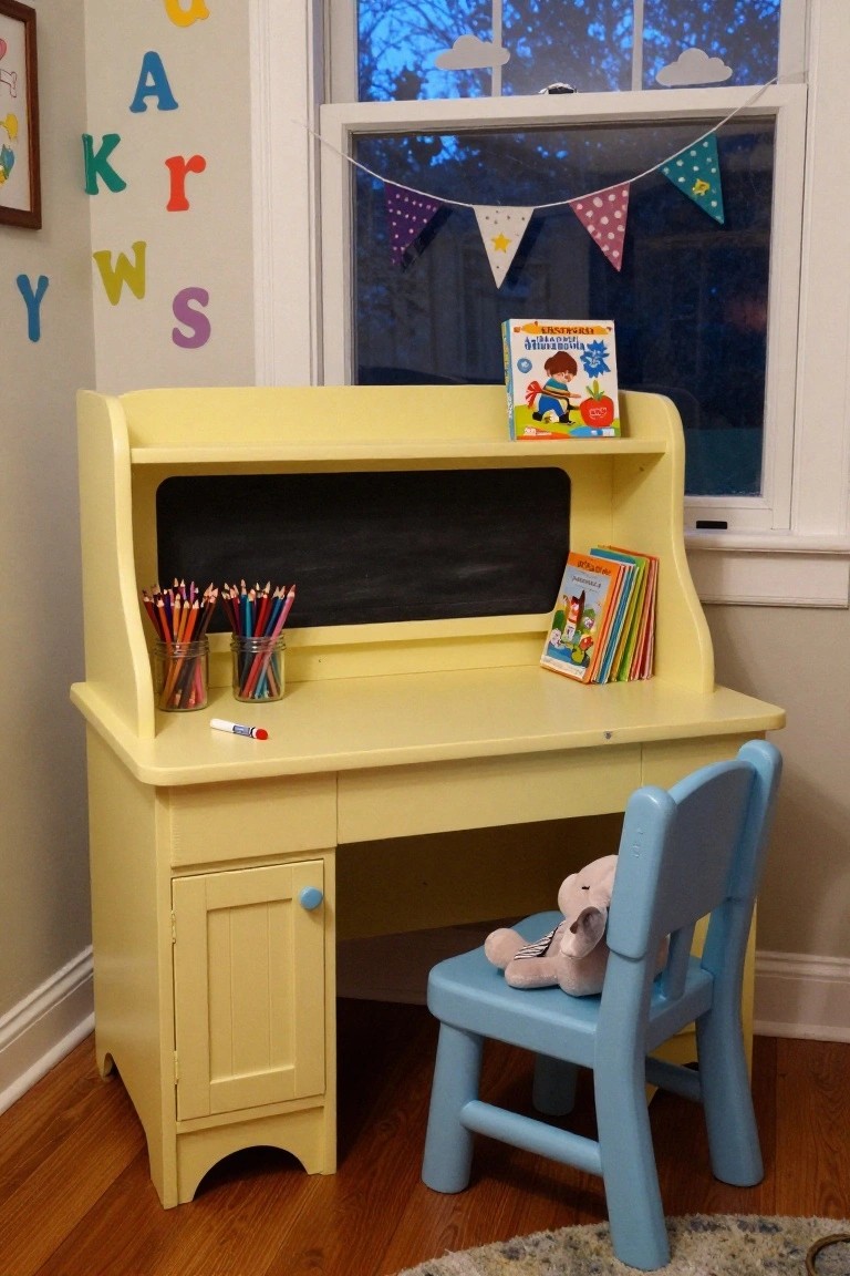 Yellow wooden desk hutch with chalkboard panel and shelves sits in a bay window of a child's room with alphabet wall letters, colored pencils in jars, books, and a blue chair with stuffed elephant.