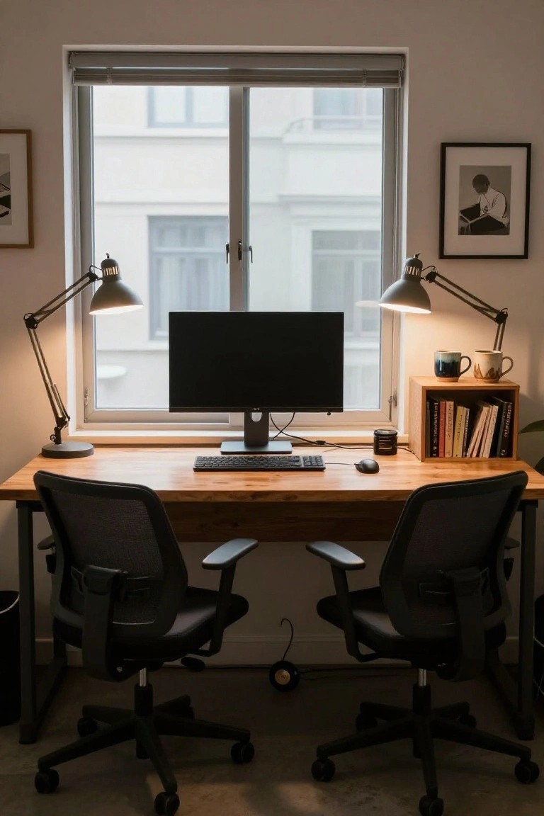 Wooden desk with black mesh office chairs under a bay window, two adjustable lamps on sides, monitor, keyboard, mouse, bookshelves, and mugs on a shelf.