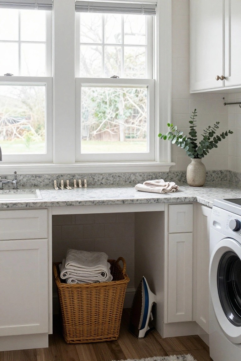 White laundry room with double-hung bay windows overlooking trees and yard, granite countertop with sink and clothespins, front-load washer, ironing board, wicker basket of white towels, and potted eucalyptus.