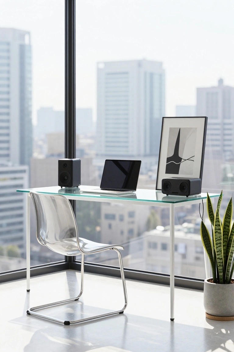 Modern glass desk with laptop, speakers, and chair by city window.