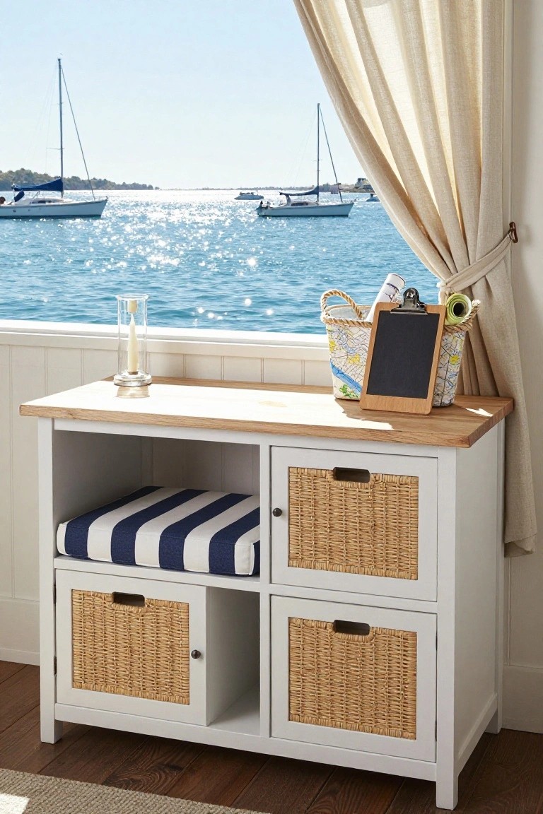 White cabinet with oak top as a bay window desk, built-in blue striped bench cushion, rattan basket drawers, candle holder, clipboard, and woven beach bag nearby, with view of blue water, sailboats, and beige curtains.