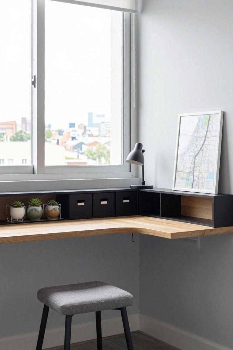 L-shaped floating wooden desk in bay window corner with black storage cubes, potted succulents, desk lamp, and framed city map on wall, light gray room with cityscape view outside.