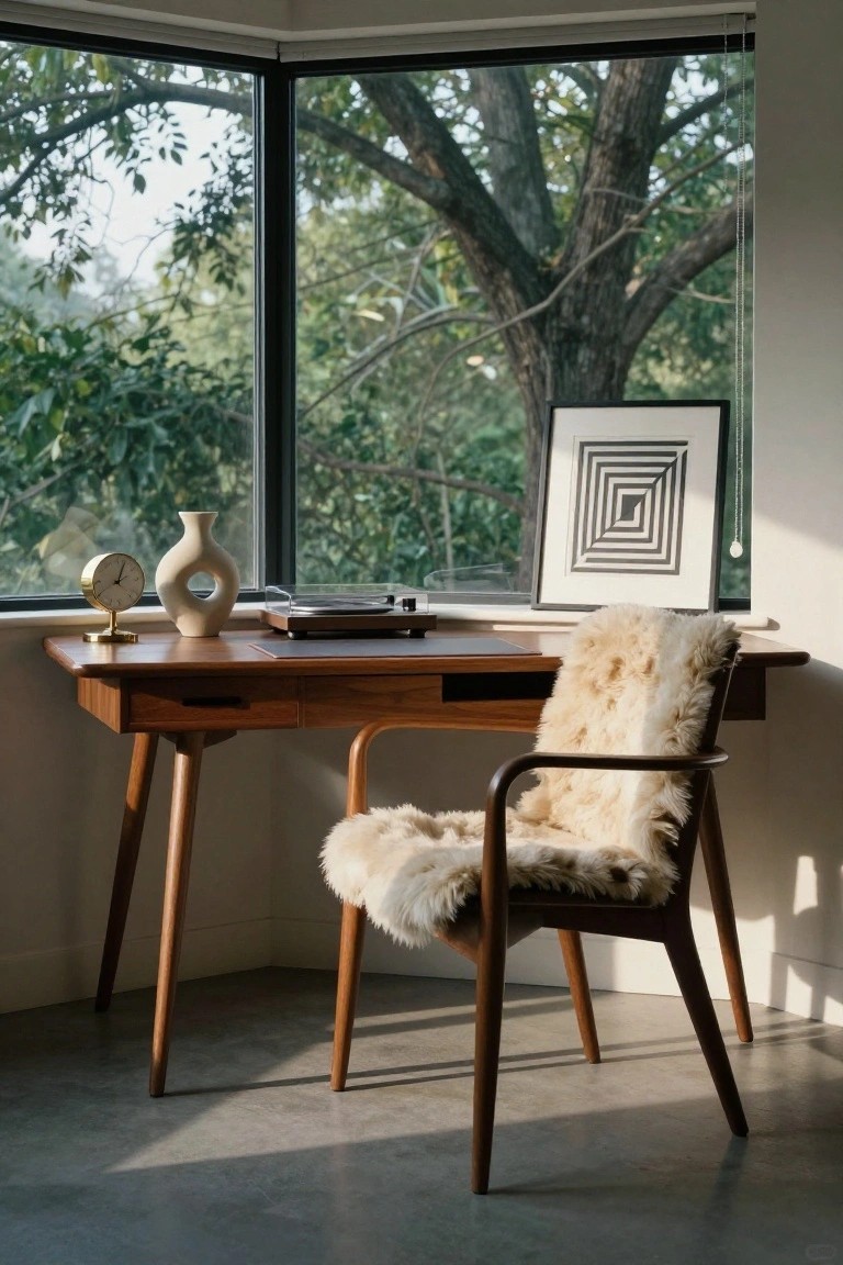 Wooden mid-century desk with sheepskin-upholstered chair in a bay window overlooking trees, gold clock and ceramic vase on desk surface, record player nearby.