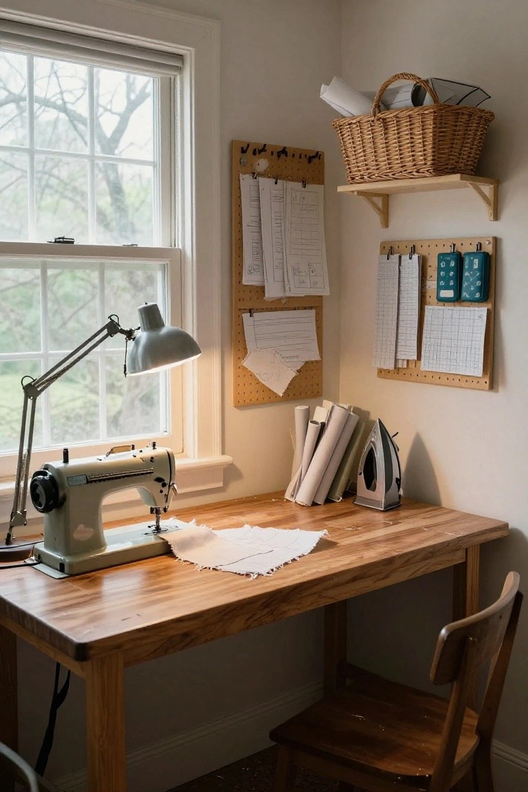 Wooden desk with green sewing machine and fabric under a large multi-pane bay window in a sewing room corner with pegboards on walls holding papers and tools, iron, stacked tubes, wicker basket on shelf, wooden chair.