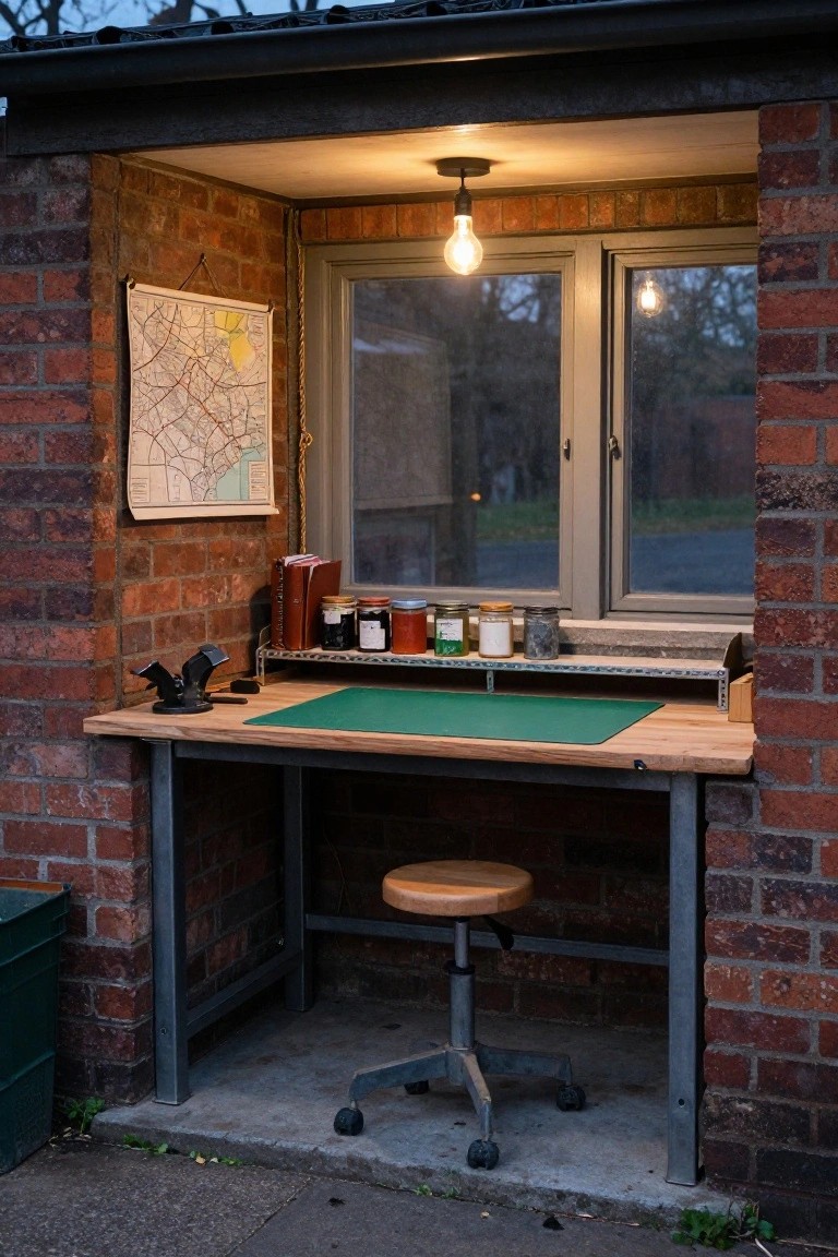 Brick-walled open shed containing a green-topped wooden desk on metal legs, wooden stool, wall shelves with jars and books, a wall map, and a window showing a dim outdoor view, with hanging light bulbs.