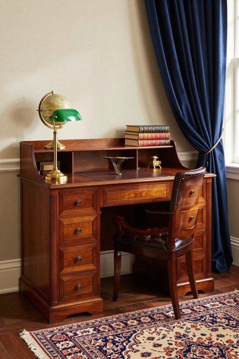 Wooden desk with upper shelves holding books and brass lamp on globe base, leather chair, silver dish, and gold inkwell, positioned beside blue velvet curtains in a beige room with Persian rug.