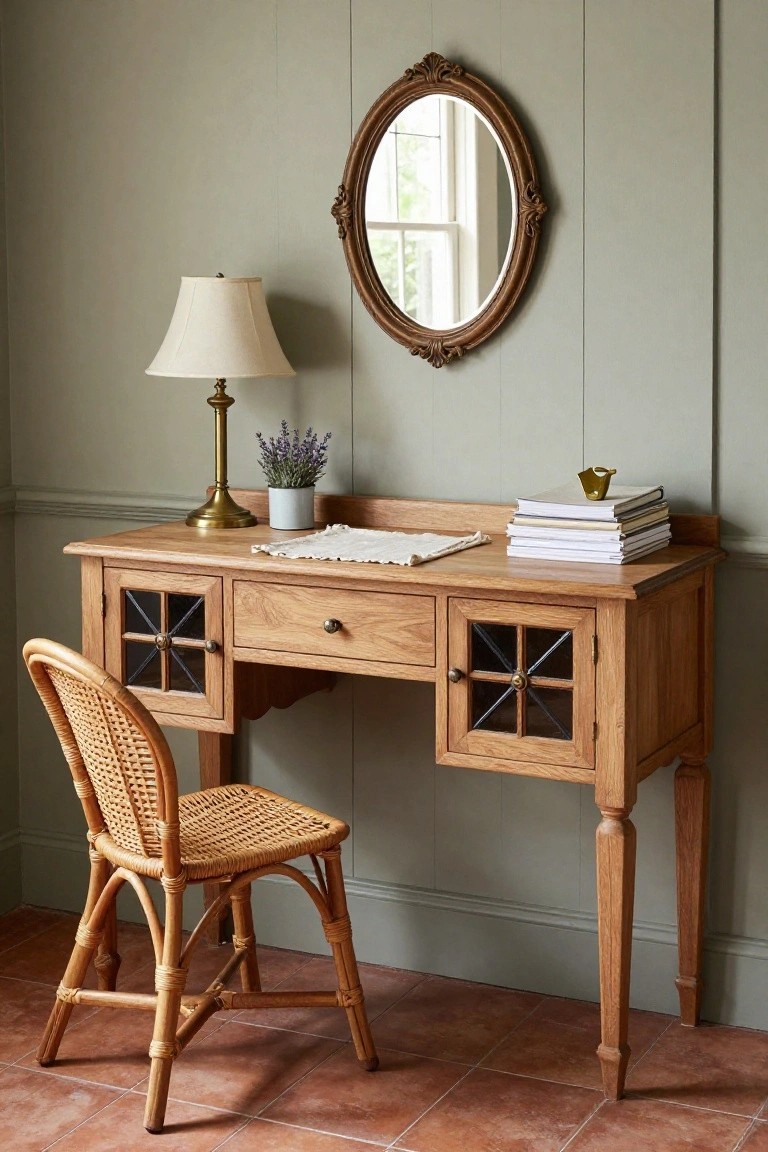 Wooden desk with oak finish, glazed cabinet doors featuring cross-pattern glass, two drawers, rattan chair beside it, table lamp, lavender plant, stack of books, and oval mirror reflecting a window on pale green paneled wall.