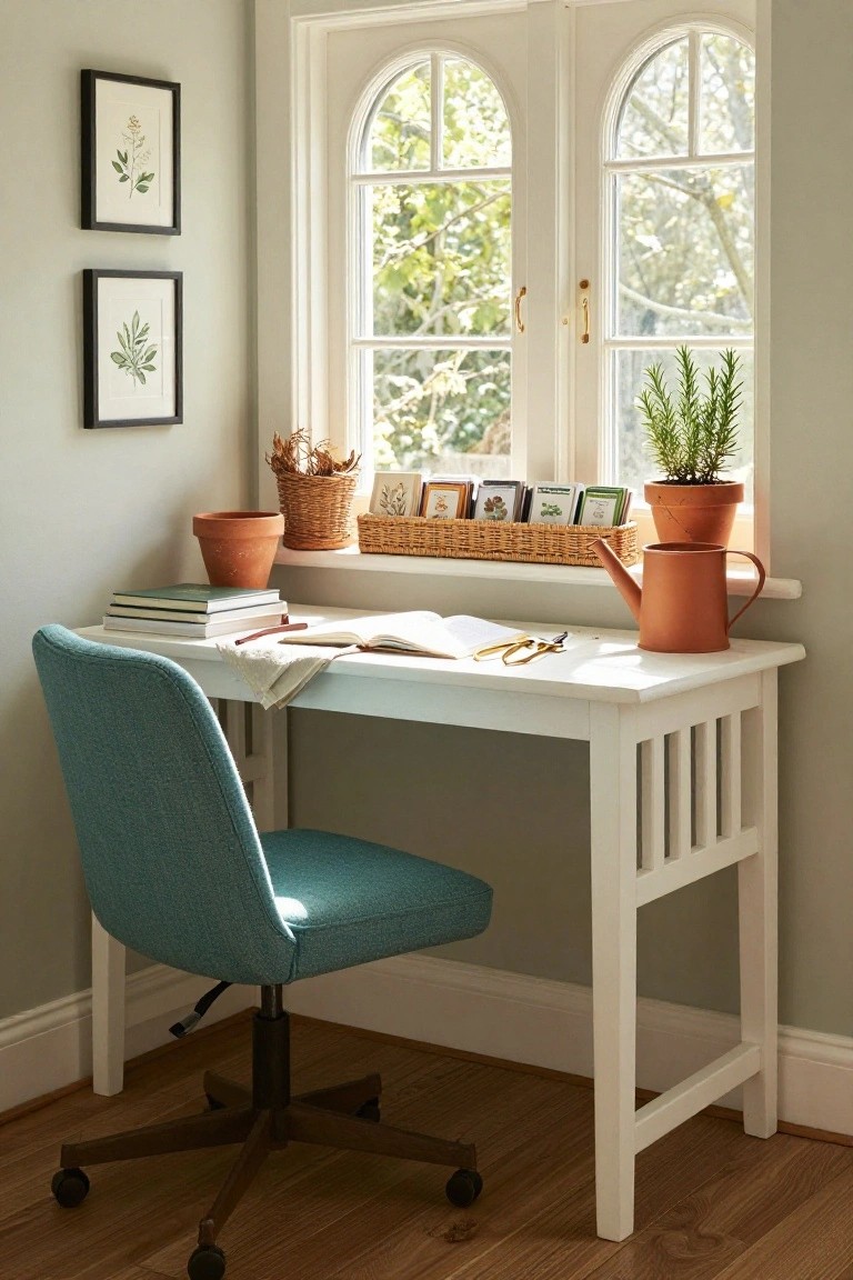 Small white wooden desk with stacked books, open notebook, and scissors in a bay window alcove, teal upholstered chair underneath, potted plants and watering can on the wide sill, botanical prints on pale walls.