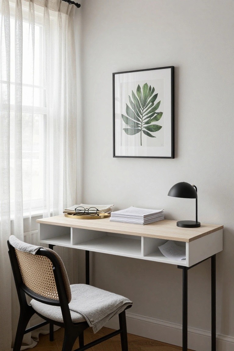 White desk with oak top, open compartments, and black metal legs positioned in room corner by large window with sheer curtains, rattan chair with gray throw, black dome lamp, gold tray with glasses and papers, and black-framed green leaf print on light gray wall.