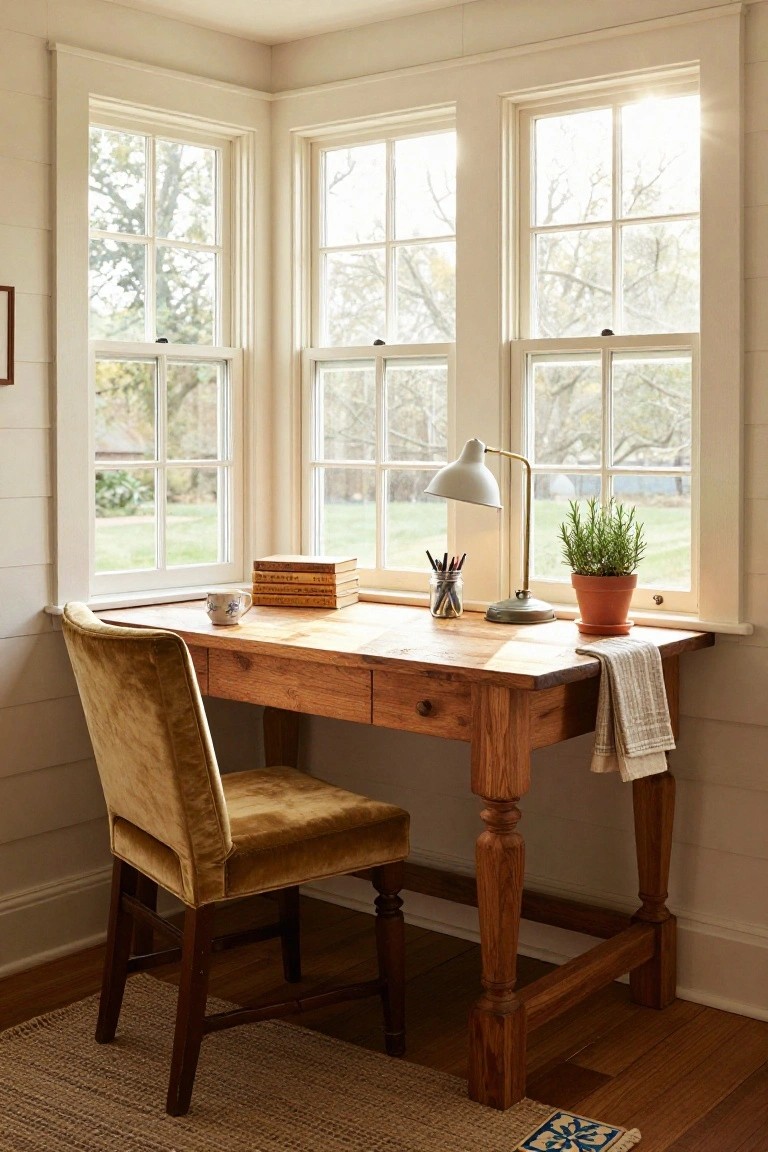 Wooden desk with yellow velvet chair in corner bay window of beige room, desk topped with stacked books, blue-and-white mug, angled lamp, pens in jar, rosemary plant in terracotta pot, and draped towel; garden visible through multipane windows.