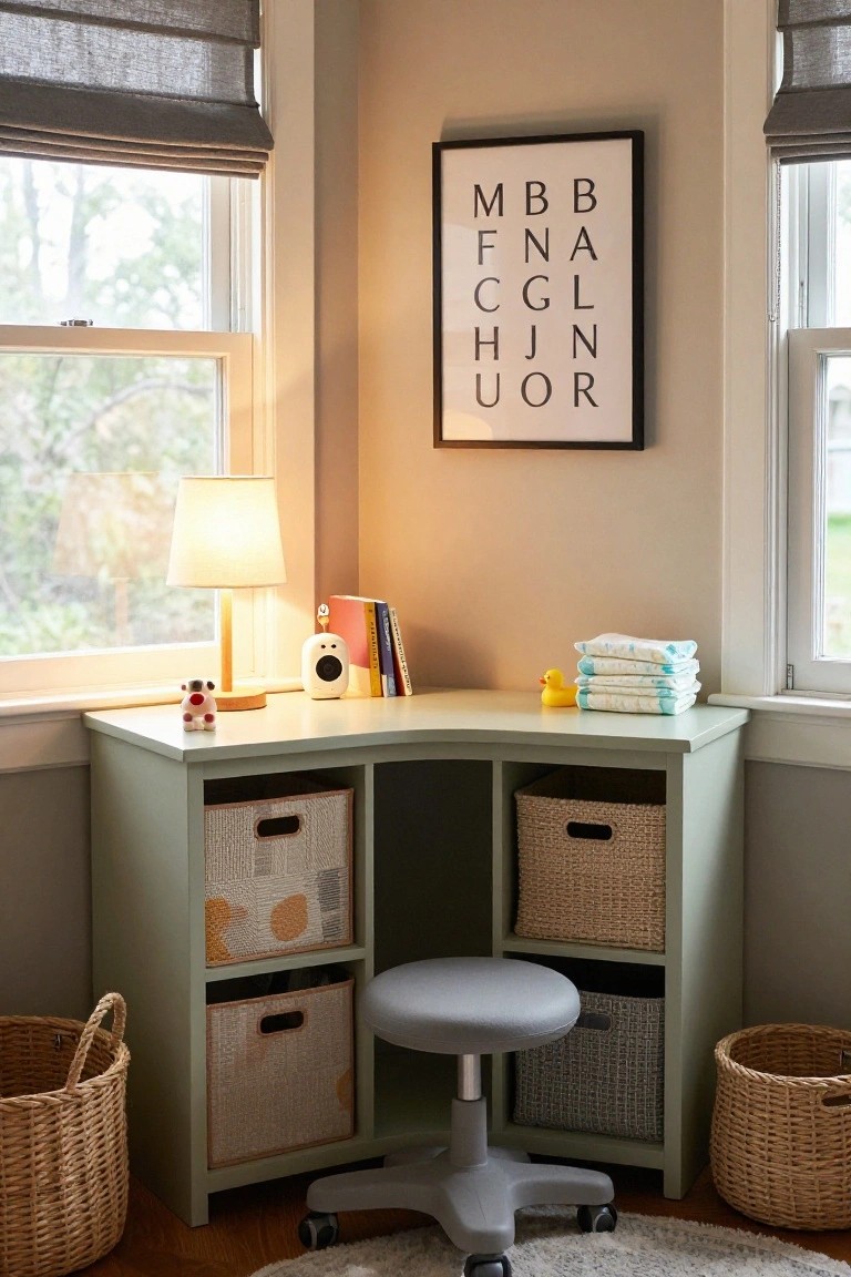 Light green corner desk in a bay window nook of a beige room with two windows, storage cubbies holding fabric bins, a table lamp, books, baby monitor, diapers, toys, and a gray adjustable stool nearby.