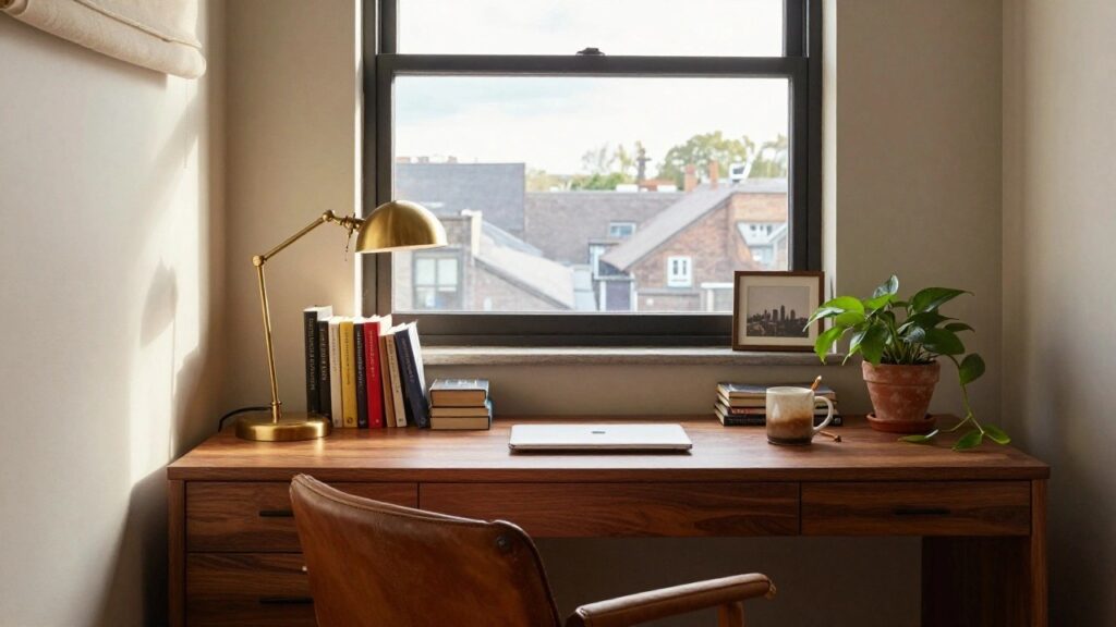 25 Bay Window Desk Ideas With Beautiful Views Wooden desk with drawers and tan leather chair positioned under a three-panel bay window overlooking city buildings, rooftops, and trees, with stacked books, gold desk lamp, potted plant, and coffee mug on the desktop.