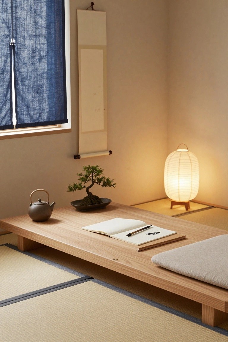 Low wooden table with open notebook, brush pen, teapot, and bonsai tree in a Japanese-style room on tatami mats, with blue curtains on the window, paper lantern lamp, and hanging scroll on beige walls.