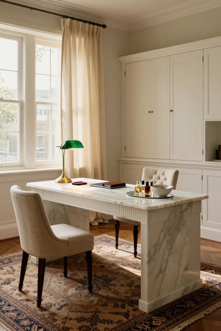 White marble desk with brass green-shade lamp, leather notebooks, glass perfume bottles, and white bowl on glass tray, positioned before a tall window with sheer curtains, beige tufted chairs nearby in a room with white cabinetry and oriental rug.