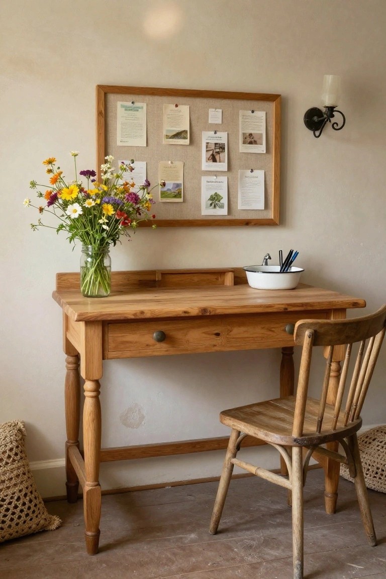 Rustic wooden desk with turned legs and a drawer in a beige room, mason jar vase of colorful wildflowers on top, white bowl with pens, cork bulletin board above with pinned notes photos and drawings, wooden chair pulled up, seagrass pouf on floor.