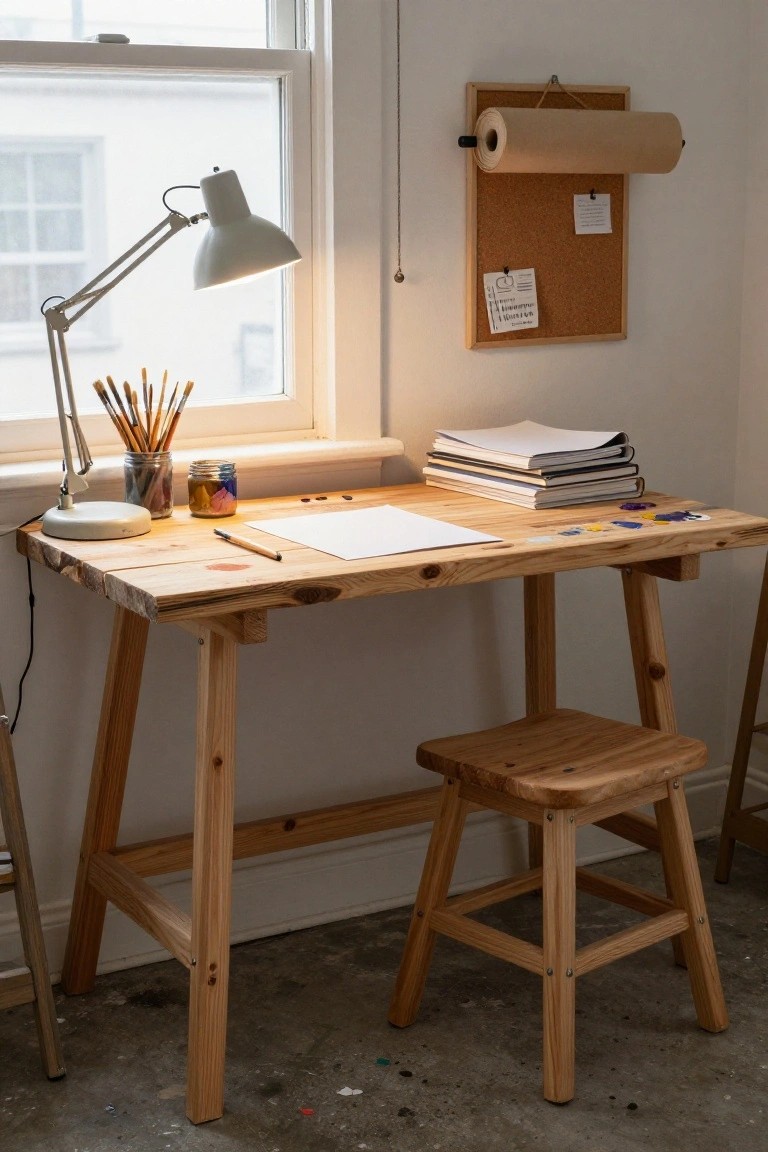 Wooden desk with art brushes, pencils, paint jars, and stacked books positioned under a large window in a bright room with a matching wooden stool.