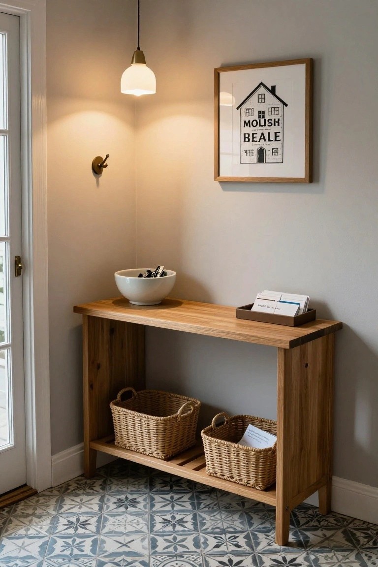 Wooden console table in a light gray corner near a glass door, with white bowl of clips, leather mail tray, two wicker baskets on lower shelves, pendant light, wall hook, and framed house print above.