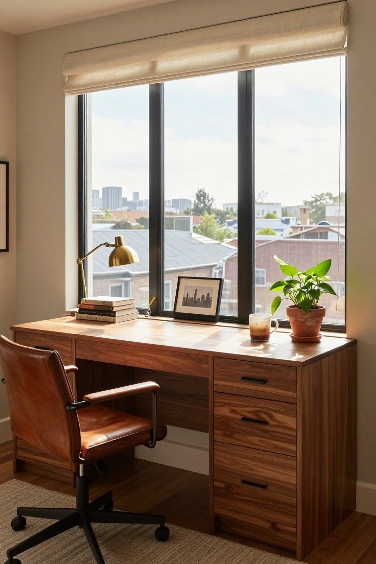 Wooden desk with drawers and tan leather chair positioned under a three-panel bay window overlooking city buildings, rooftops, and trees, with stacked books, gold desk lamp, potted plant, and coffee mug on the desktop.