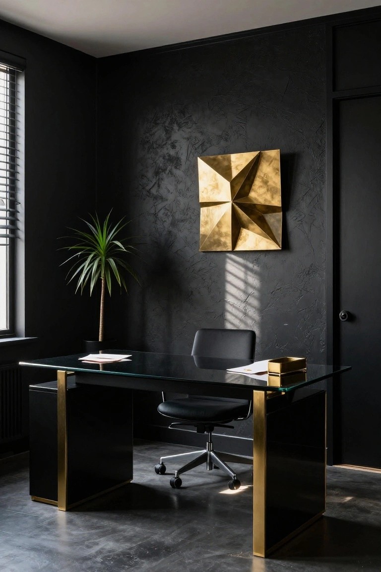 Dark office interior with textured black walls, gold geometric wall sculpture, potted palm plant beside window, glass-top desk with black body and brass legs, and black leather swivel chair.