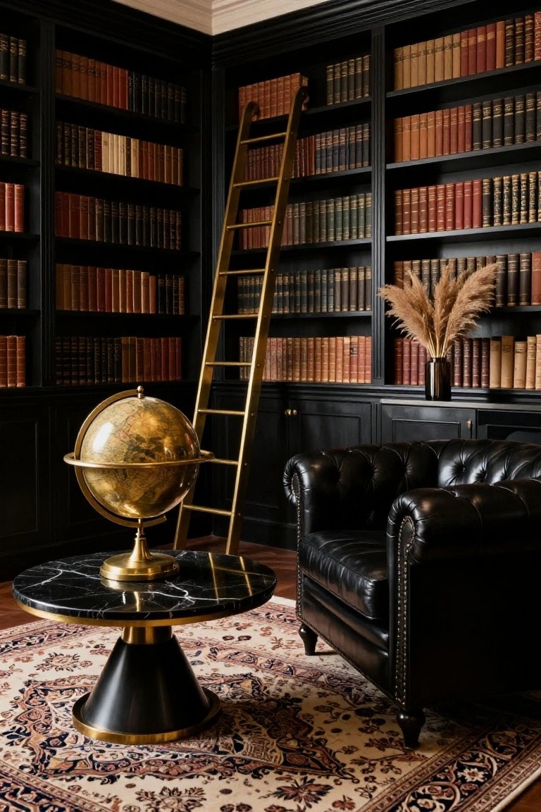 Floor-to-ceiling black bookshelves in a corner room with a gold rolling ladder, brass globe on black marble table beside black leather armchair, pampas grass in vase, and patterned rug on wood floor.