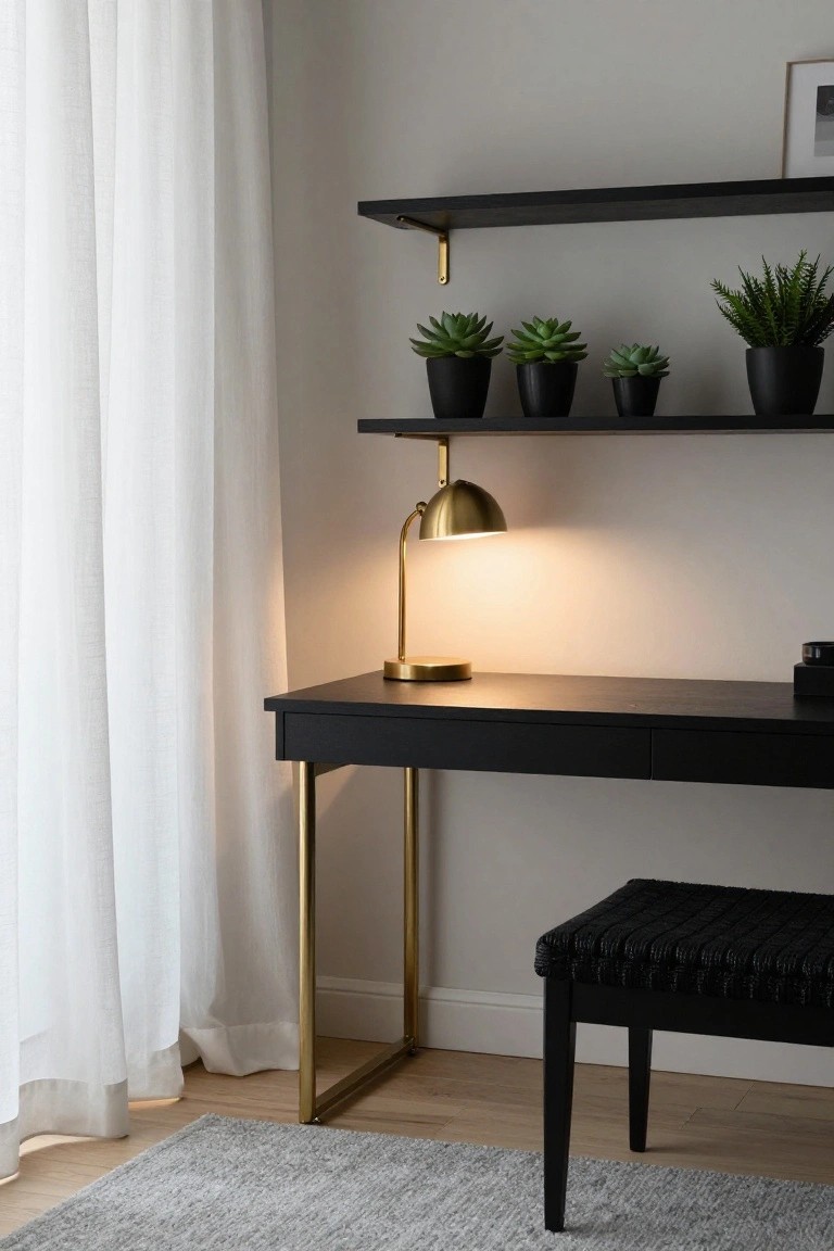 Corner office setup with sheer white curtains, black floating shelves holding black pots of succulents, brass arched desk lamp on black desk with brass legs and drawer, black woven stool, and light gray rug on wood floor.