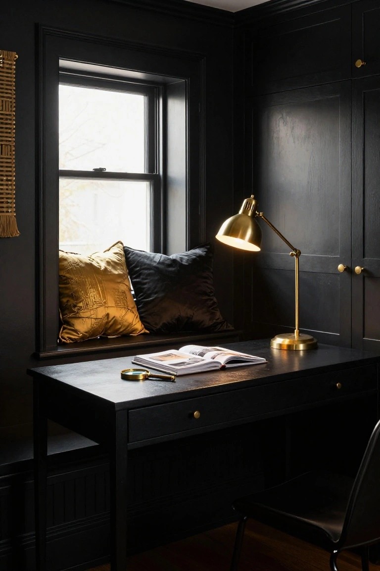 Black wood desk in a dark paneled room holds an open magazine, brass magnifying glass, and adjustable brass desk lamp next to a window seat with gold and black pillows and a black chair.
