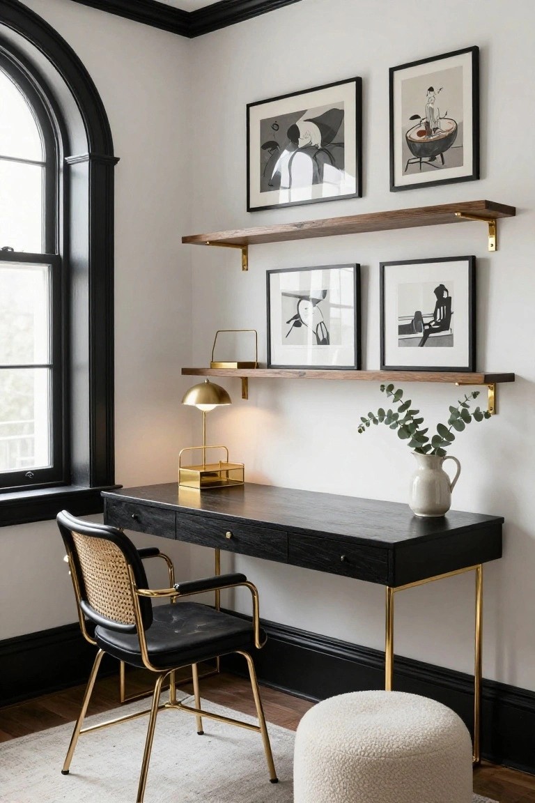 Corner of a home office with black wooden desk on brass legs, rattan and black leather armchair, gold brass lamp and tray on desk, wooden shelves with black-framed art and eucalyptus, white jug vase, arched black-trimmed window, white walls, black baseboards.