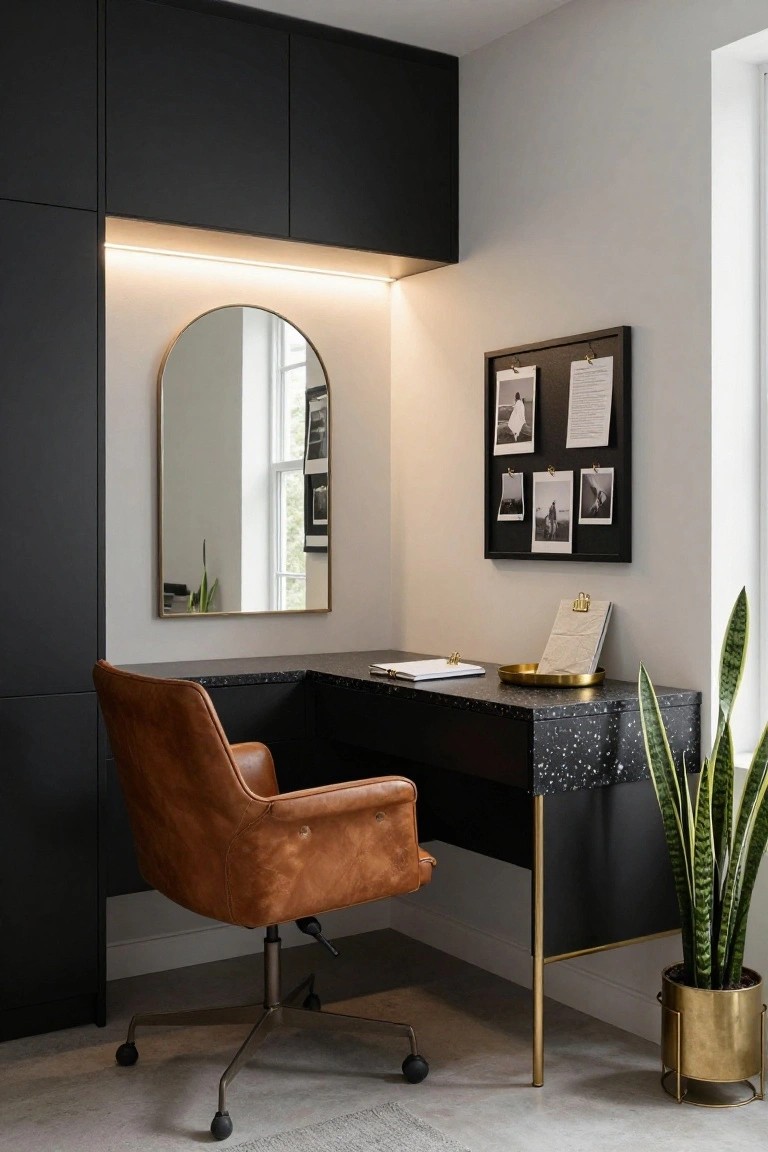 Corner home office with black built-in cabinets, black glitter-top desk on brass legs, tan leather swivel chair, gold-framed round mirror, cork board with photos, open notebook on desk, and potted snake plant in gold pot.