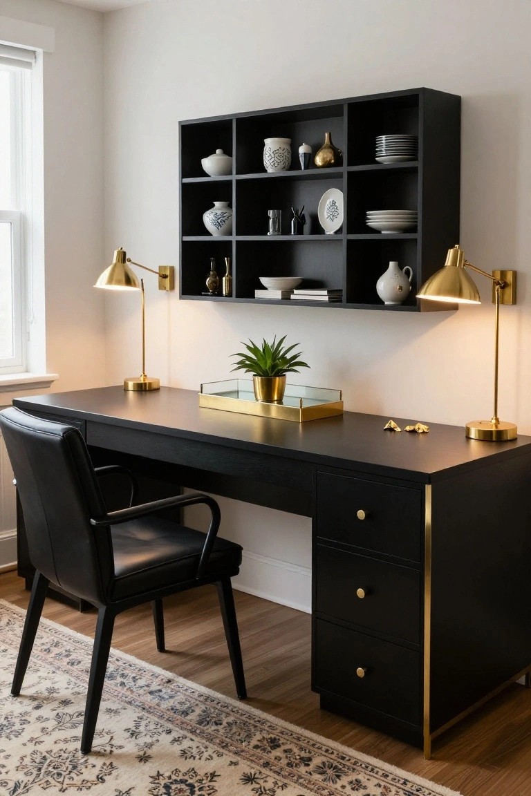 Home office interior with black desk featuring brass edging and drawer pulls, black leather swivel chair, pair of brass desk lamps, gold tray holding a potted plant on desk, and black open shelving above displaying white ceramics and plates.