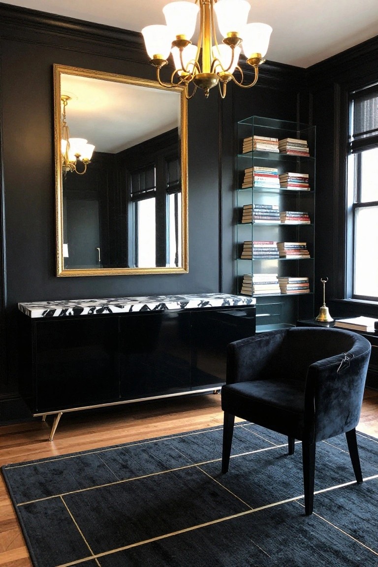 Dark paneled office corner with black lacquer sideboard topped by black and white marble, gold-framed mirror, glass bookshelf with books, brass chandelier, black velvet chair, and black rug with gold lines on wood floor.
