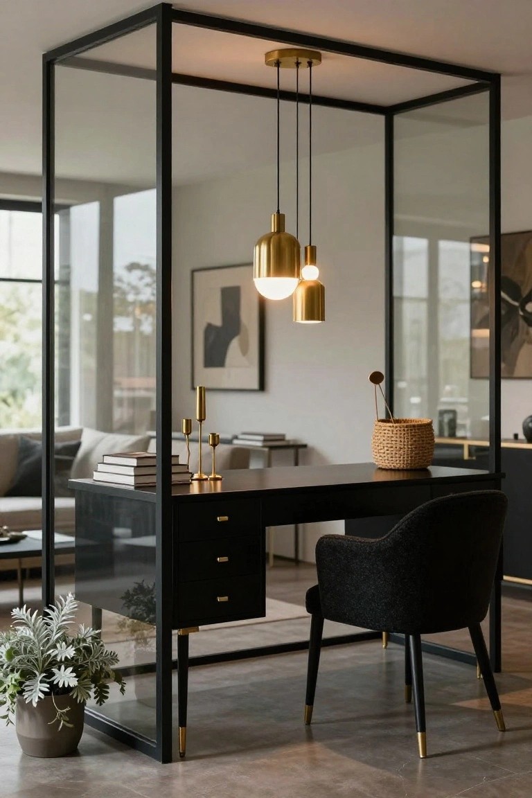 A glossy black desk with brass hardware and a black upholstered chair inside a black metal-framed glass enclosure, lit by three brass pendant lights, with books, candles, and plants on and around the desk.