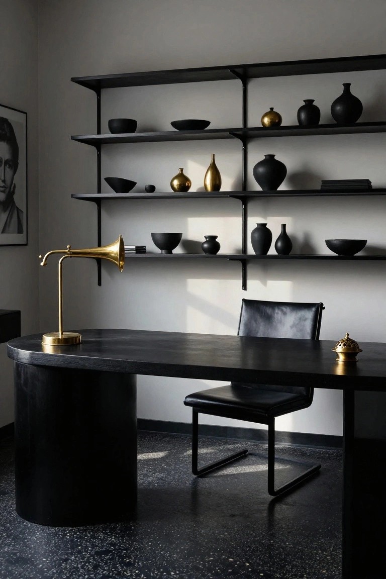 Home office with black wall-mounted shelves holding black bowls, vases, and brass objects, curved black desk, black leather chair, brass trumpet lamp, and dark speckled floor.
