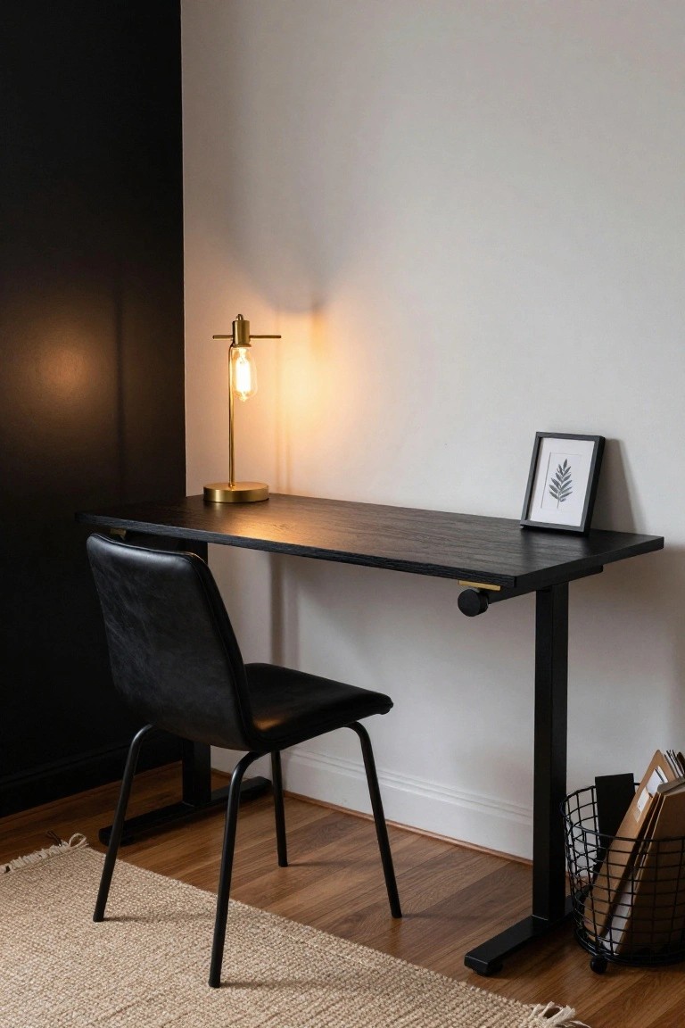 Black wood standing desk with height-adjustable brass knob, black leather chair, brass desk lamp, black frame photo, and wire basket with papers in a corner room with one black wall and one white wall.