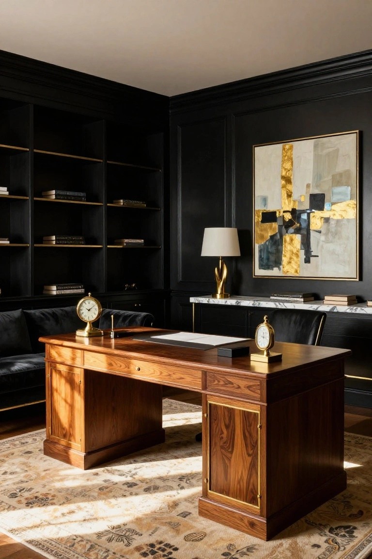 A home office featuring black paneled walls, built-in bookshelves with books, a wooden desk with brass clocks, a velvet sofa, brass lamp on a marble console, and a large abstract painting in a gold frame.