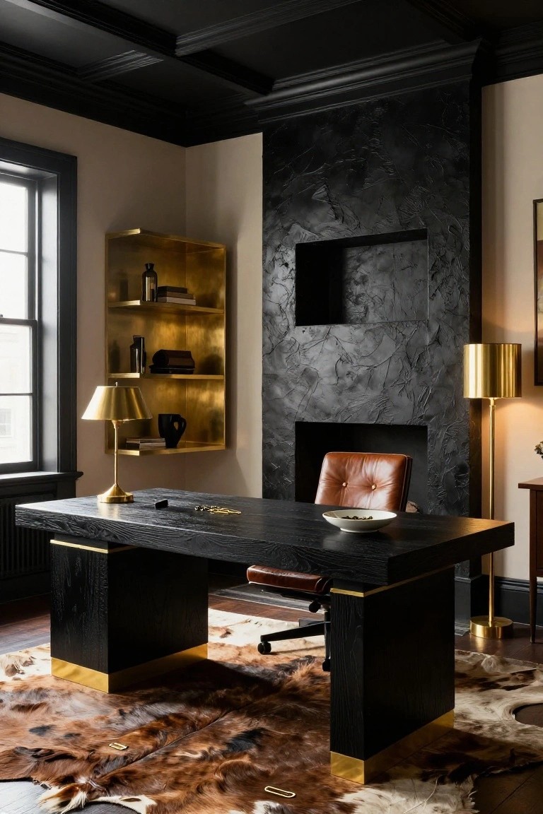 Home office featuring a large black wood desk with brass legs and accents, tan leather desk chair, brass lamps, gold shelving unit, textured black fireplace wall, and cowhide rug on wood floor.