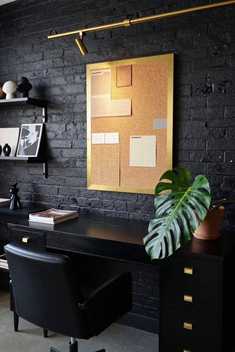 Home office with black exposed brick walls, black desk and filing cabinet with brass drawer pulls, black leather desk chair, gold-framed corkboard, brass adjustable wall lamp, floating shelves holding black sculptures and books, and a monstera plant in terracotta pot.