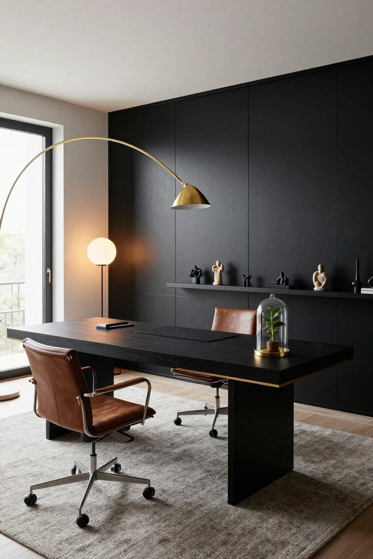 Modern home office with black walls and built-in shelves displaying sculptures, wooden desk with gold base and plant under glass dome, brown leather chairs on casters, curved brass arc floor lamp, and white globe floor lamp near window.