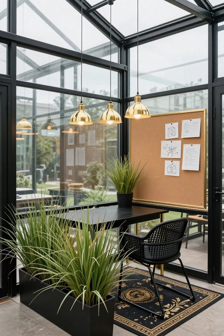 Glass-enclosed office nook with black metal frames, multiple hanging brass dome pendant lights, black desk and rattan chair, tall potted grasses, gold-framed corkboard with notes, and black rug with gold pattern.