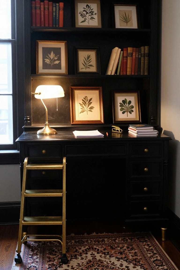 Black wooden desk with brass lamp, papers, stapler, book stacks, and gold step ladder next to bookshelves displaying botanical prints and books in a wood-paneled room.