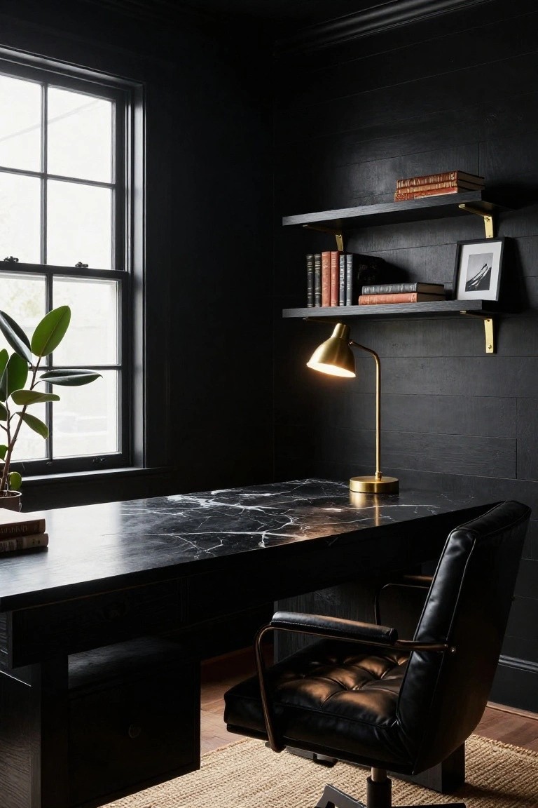 Home office with black shiplap walls, floating black shelves holding books and a brass gooseneck lamp, black marble-top desk, black leather chair, potted plant, and window.