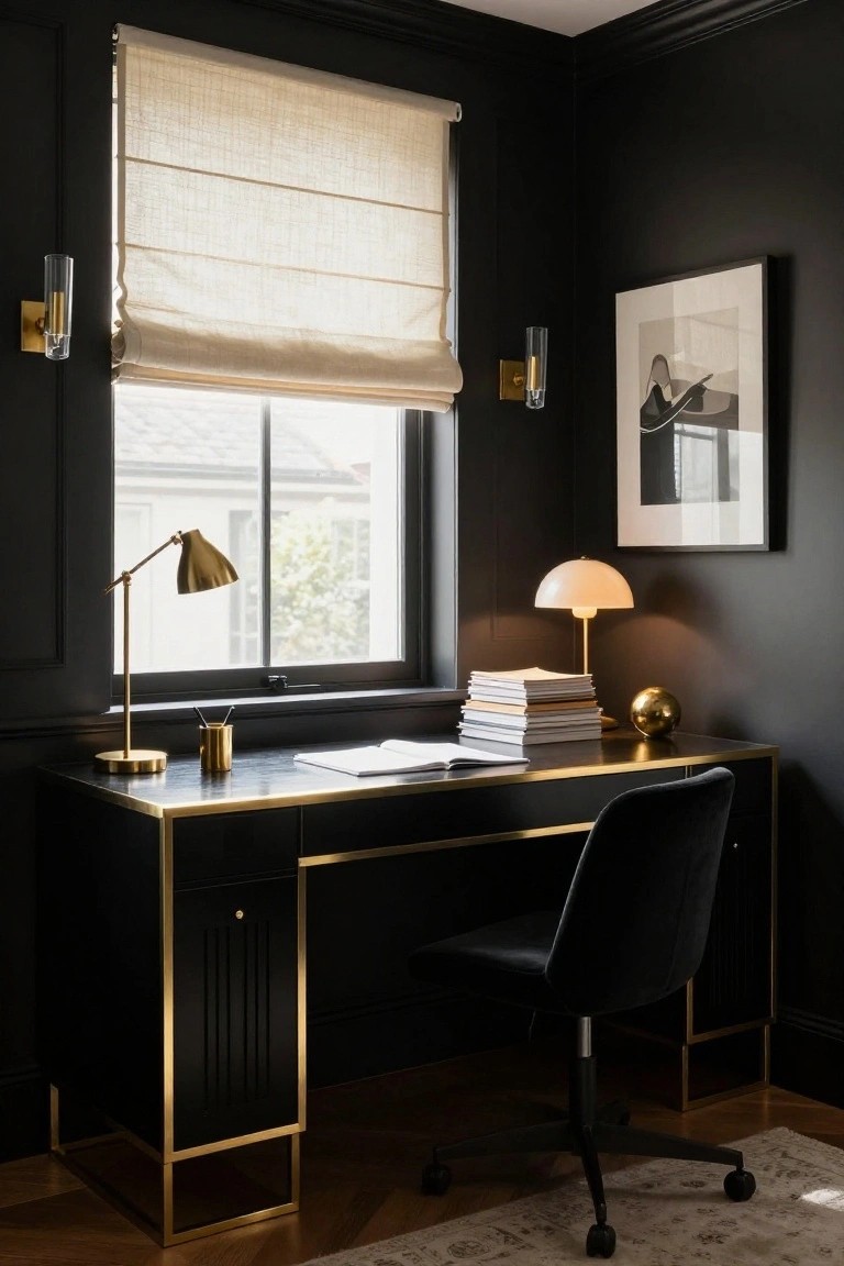 Black-walled home office corner with a large black desk featuring brass trim on edges and legs, black velvet desk chair, stacks of white books, brass desk lamp and table lamp, gold orb, and window with beige roman shade.